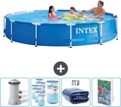 Intex Rond Frame Zwembad - 366 x 76 cm - Blauw - Inclusief Zwembadfilterpomp - Filters - Solarzeil - Zwembadgids