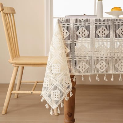 Bohemian Katoen Linnen Geometrisch Tafelkleed Ruit, Haakwerk Vintage Beige Franje Vierkant Tafelkleed voor Keuken Eetkamer, Feest 140x100cm