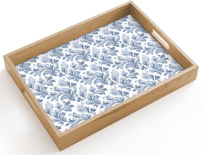 Dienblad hout 40x30 cm - Schootdienblad - Bladeren - Blauw - Patroon - Borrelplank rechthoek - Plateau dienbladen