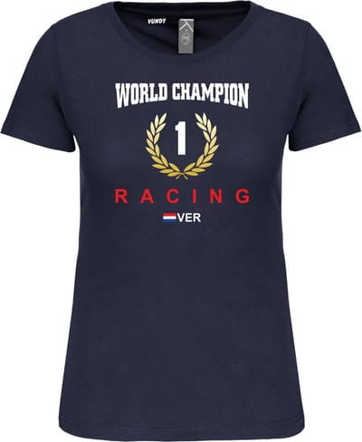 Dames T-shirt krans World Champion | Max Verstappen / Red Bull Racing / Formule 1 Fan | Wereldkampioen | Navy dames | maat XS