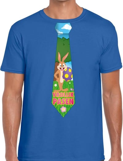 Blauwe Paas t-shirt met paashaas stropdas - Pasen shirt voor heren - Pasen kleding S