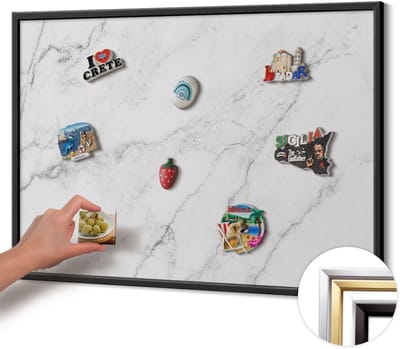Wallfluent - Wit Magneetbord in Stijlvolle Kleuren - 100 cm x 70 cm - Magneetbord met Zwarte Frame - Delicate lichte marmer - Magneetbord voor Herinneringen - Magneetbord voor Foto's en Notities - Magnetisch Bord voor Magneten