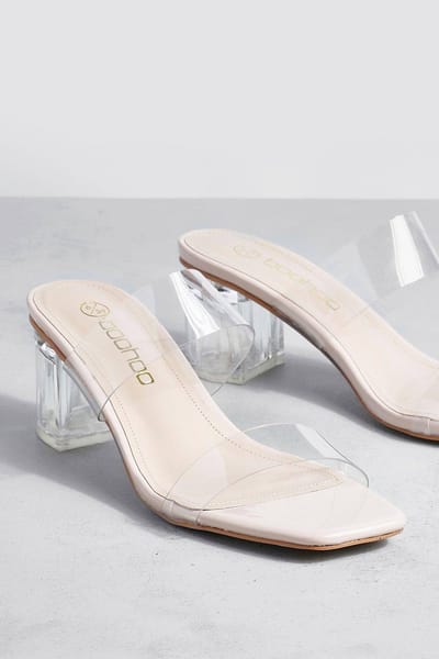 boohoo Dames Clear Double Strap Low Block Mule | Nude | Maat: 38