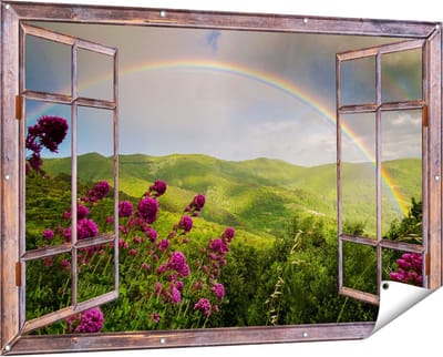 Gards Tuinposter Doorkijk Regenboog in de Heuvel Bossen - 150x100 cm - Tuindoek - Tuindecoratie - Wanddecoratie buiten - Tuinschilderij