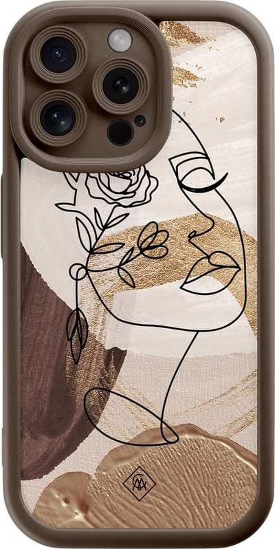 Casimoda® hoesje - Geschikt voor iPhone 15 Pro Max - Abstract Gezicht Bruin - Effen telefoonhoesje met lensbescherming - Siliconen/TPU - Backcover - Bruin/beige