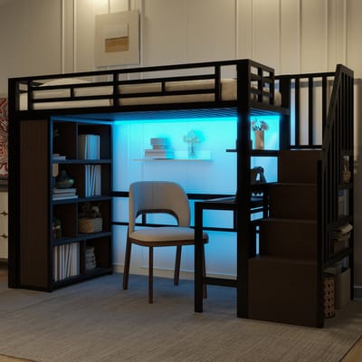 Hoogslaper - 90 x 200 cm - Met Bureau en LED - Opbergtrap - Metaal - Zwart