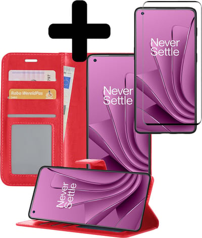 Hoesje - Met Screenprotector - Geschikt voor OnePlus 10 Pro - Luxe Pasjeshouder - Bookcase Portemonee - Flip Case - Kunstleer Book Case - Flipcase - Book Cover - Walletcase - Portemonneehoes - Telefoonhoesjes - Rood