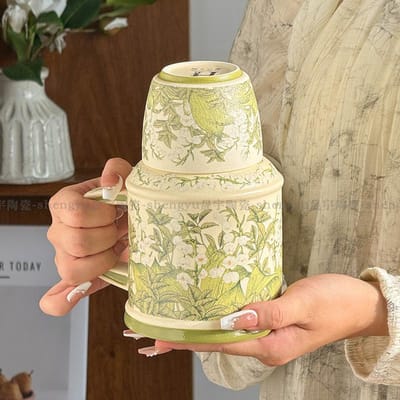 Vrolijk Lelietje-van-dalen Ketel Kop Thuis Afternoon Tea Keramische Kop Kantoor Retro Mok Keramische Kop met Deksel Theekop 700ML beige