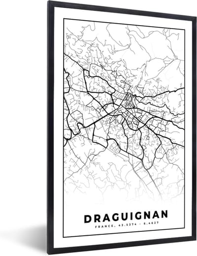 Fotolijst incl. Poster Zwart Wit- Plattegrond - Draguignan - Kaart - Frankrijk - Stadskaart - Zwart wit - 40x60 cm - Posterlijst