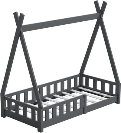 Kinderbed Tipi - Speelbed Huisje - Veilig Slapen - Valbescherming Inclusief - 140x70 cm - Grijs