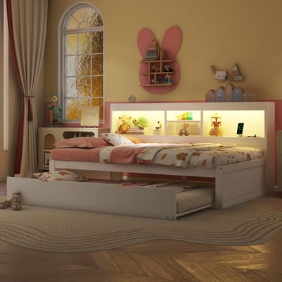 Slaapbank, Chaise Longue, Kinderbed 90*200 cm, met Ledverlichting, Opbergvak Naast het bed, Uitschuifbaar Bed, Stopcontact + USB, Matras niet Inbegrepen-Wit