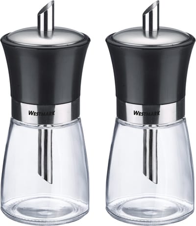 Westmark 2 suikerstrooiers, inhoud: 190 ml, glas/roestvrij staal/kunststof, Blacky, transparant/zwart/zilver, 635922E3