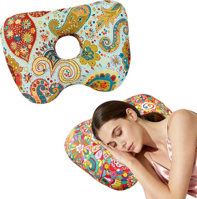 Kussen - Oorkussen voor Zijslapers - Kussen met Gat voor Comfortabel Slapen - Wasbaar Kussen voor Oorbellen en Piercings - 41x27x9 cm - Cashewbloem