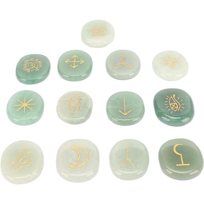 13 PCS Pierres Runiques Symboliques avec Sac en Tissu Gravure Pierre Runique pour Divination Yoga Méditation Vert vert