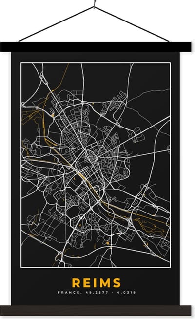 Posterhanger incl. Poster 40x60 cm - Schoolplaat - Stadskaart – Frankrijk – Kaart – Reims - Plattegrond - Textielposter - Zwarte latten - Stadskaart