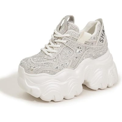 Glanzende Strass Chunky Platform Sneakers Trendy Bling Design, Ultra-dikke Zool Damesschoenen voor Street Fashion & Feeststyling 34 gray