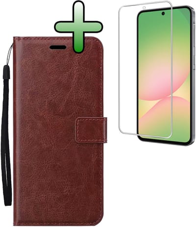 Hoesje Met Screenprotector - Geschikt voor Samsung Galaxy A56 - Luxe Pasjeshouder - Bookcase Portemonee - Flip Case - Kunstleer Book Case - Flipcase - Book Cover - Walletcase - Portemonneehoes - Bruin