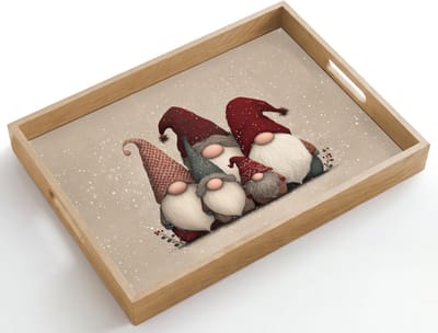 Dienblad hout 50x35 cm - Schootdienblad - Kabouters - Kerst - Sneeuw - Puntmutsen - Borrelplank rechthoek - Plateau dienbladen