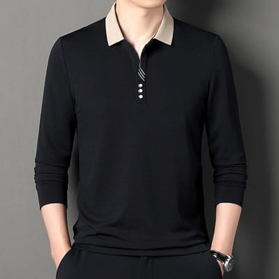 Lente en Herfst Nieuw Heren Revers Lange Mouw T-shirt Jeugd Casual Mode Wafel Pasvorm Heren Top Trendy XXXXL black