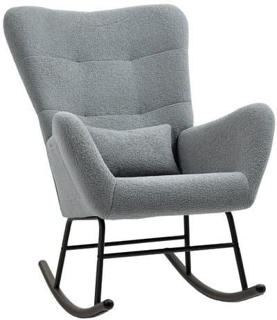 Merax Schommelstoel Met Teddy Stof, Armleuningen, Lendenkussen En Zijvak - Relaxfauteuil Voor Woonkamer/Slaapkamer - Grijs - 67 x 95 x 100 cm