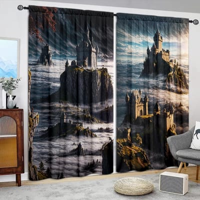 2 stuks Europese stijl kasteel Bedrukte Gordijn voor Huisdecoratie - Tunnelzak Raambekleding voor Slaapkamer, Kantoor, Keuken, Woonkamer 52.5cmX116cm X 2pcs gray