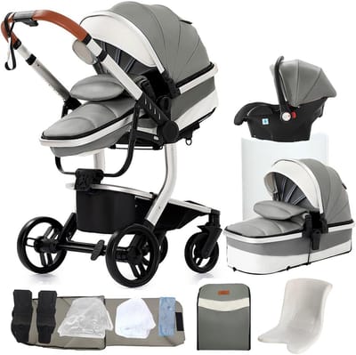 3-in-1 Combi Kinderwagen PU-leer Grijs - Luxe & Opvouwbaar Reiswieg Systeem