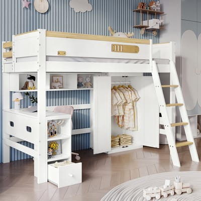 MODFU - Etagenbed 90x200 cm – Wit/naturel met bureau & kledingkast – Massief hout