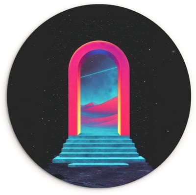 WallCircle® Wandcirkel 120x120 cm - Muurcirkel Poortje - Landschap - Sterrenhemel - Roze - Muurdecoratie woonkamer - Wanddecoratie slaapkamer - Kamer decoratie accessoires - Ronde schilderijen XXL