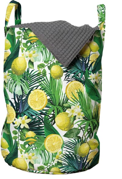 ABAKUHAUS Nature waszak, exotische planten groene blad, wasmand met handvatten trekkoord voor wasserettes, geel bosgroen