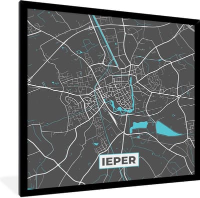 Fotolijst incl. Poster - Stadskaart – Grijs - Kaart – Ieper – België – Plattegrond - 40x40 cm - Posterlijst