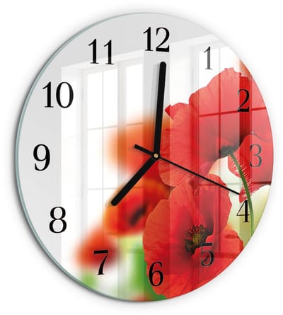Tulup Wandklok - Klaprozen Wandklok Glas Met Motief - 30fi cm - Rood Decoratieve Glazen Klok - Zwarte Handen - Ronde Wandklok - Wandklok Glas Decoratie - Gekleurde Glazen Klok