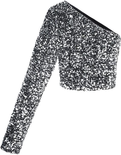 Gimme - Glitter One-Shoulder Top – Fonkelende Asymmetrische Top – Modieus Shirt voor een Feestelijke Look - Zilver - Maat S