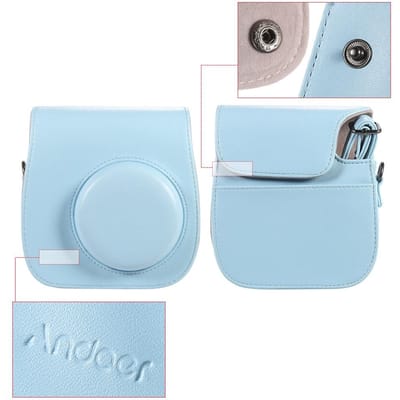 Étui en cuir Andoer pour appareil photo Fuji Fujifilm Instax Mini 8 8s 8+ 9, bandoulière simple Blue