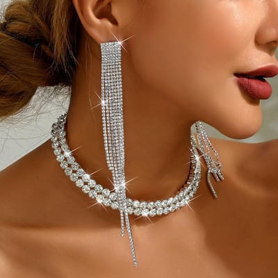 3 stuks dames kwastoorbellen en dubbele rij ketting sieradenset voor bruiloften, banketten, feesten en vakantiecadeaus Silver brown