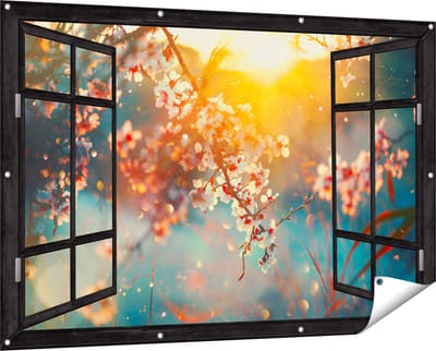Gards Tuinposter Doorkijk Bloesemboom tijdens Zonsondergang - Bloem - 150x100 cm - Tuindoek - Tuindecoratie - Wanddecoratie buiten - Tuinschilderij