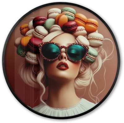 Poster in lijst Rond - Fotolijst 60x60 cm - Posters - Vrouw - Macarons - Bril - Ronde posterlijst zwart - Decoratie - Wanddecoratie woonkamer - Muurdecoratie slaapkamer