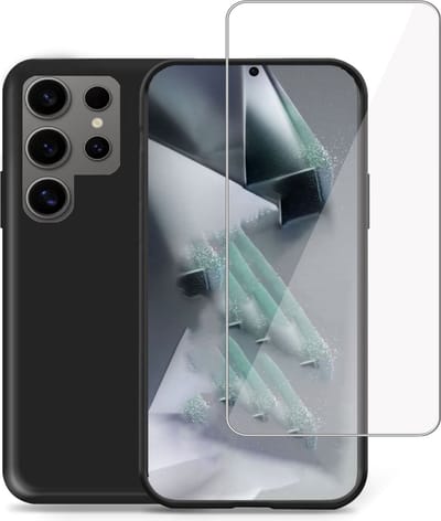 Hoesje + Screenprotector geschikt voor Samsung Galaxy S24 Ultra – Tempered Glass - Liquid Back Case Cover Zwart