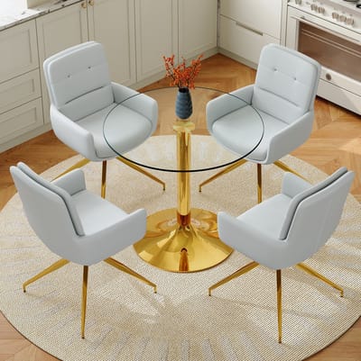 Tafel En Stoelen Set - Ronde Glazen Eettafel Met 4 Draaistoelen - Comfortabel Zitcomfort - Voor Eetkamer Of Café - Metaal Goud Lichtgrijs Transparant