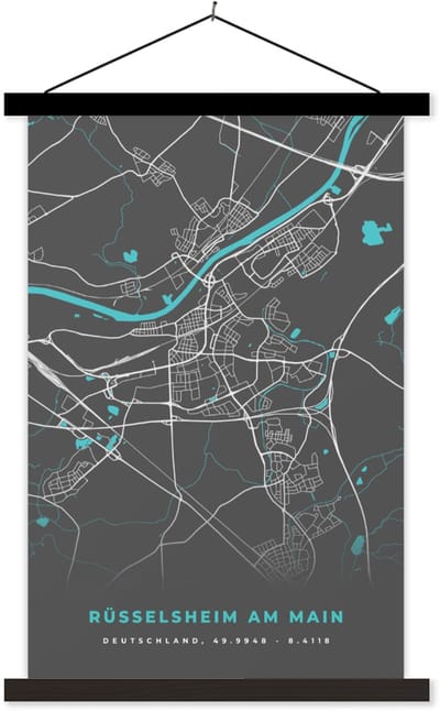 Posterhanger incl. Poster 120x180 cm - Schoolplaat - Blauw – Duitsland – Plattegrond – Stadskaart – Kaart – Rüsselsheim am Main - Textielposter - Zwarte latten - Stadskaart
