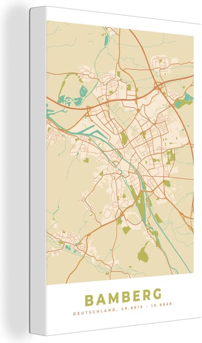 Canvas Schilderij Bamberg - Plattegrond - Kaart - Stadskaart - Vintage - 20x30 cm - Wanddecoratie