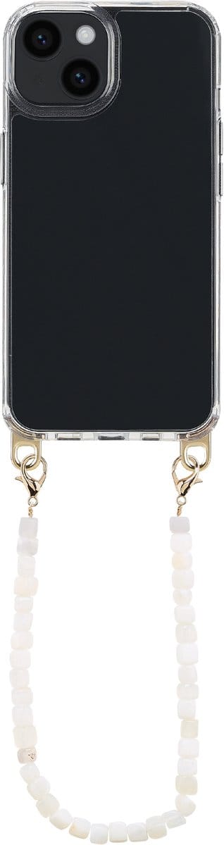 Selencia Transparant Hoesje met Haakjes inclusief Natuurstenen Polskoord - Geschikt voor Apple iPhone 14 - Pearl White