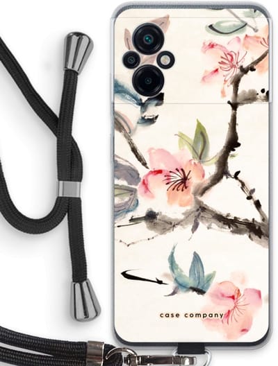 Case Company® - Hoesje met koord geschikt voor Xiaomi Poco M5 hoesje met Koord - Japanse bloemen - Telefoonhoesje met Zwart Koord - Bescherming aan alle Kanten en Over de Schermrand