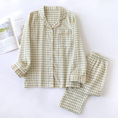 Lente en Zomer Koppel Pyjama Set 100% Katoen Dubbellaags Gaas Heren en Dames Japanse Ruit Pak Lange Mouwen L white