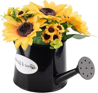 Artistieke Zonnebloemen - Kunstbloem Decoratie - Woonkamer Aankleden - Ketelvormige Vaas - 20 cm Hoog - Geel