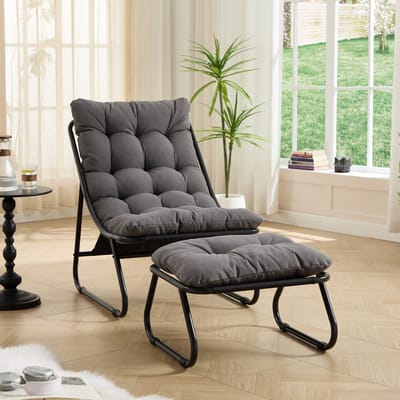 Wishdor Patio loungestoel met ottomane - Modern - Met kussen en voetenbank - Buiten en binnen - Staal - Grijs - 65 x 78 x 86 cm
