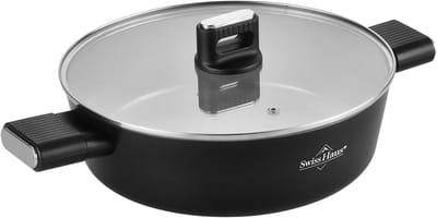 Swiss Haus® SCLC28B Hapjespan Ø28 cm met Deksel – Inductie & Alle Warmtebronnen – PFAS Vrij – 3.6L Braadpan – Antiaanbaklaag – Zwart