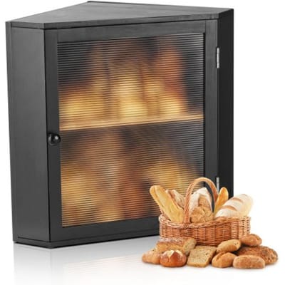 VEVOR Hoekbroodtrommel Dubbellaags Broodcontainer Broodtrommel Organizer Gemaakt van Hout voor Zelfgebakken Brood, Opbergcontainer met Gegolfd Acryl Deurpaneel, Broodopslag Zwart
