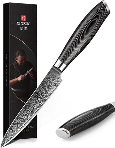 Damascus 5" Groentemes (67 lagen) | Xinzuo B20 | Luxe & Professioneel | Vlijmscherp Damascus staal | 24.5 cm Officemes met lemmet van 12.5 cm | met Pakka-houten handvat