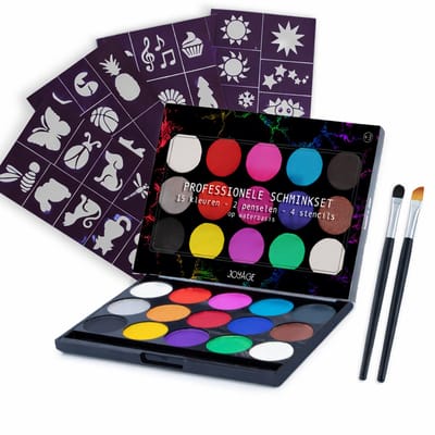 Joyage Schmink kinderen & volwassenen - Op waterbasis - Sjablonen en penselen - Schminkset Elf Make up Kinderen - Face paint palette - Grime Halloween Schmink palet wit - Kinderschmink voor grimas - Gezichtsverf grimeren - Smink sinterklaas cadeau