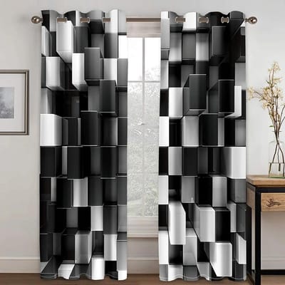 Abstracte Stijl Geometrisch Jet Zwart Wit Schaken Patroon Gordijn Woonkamer Slaapkamer Keuken Raamgordijn Huisdecoratie 2 Stuks Geen Verzendkosten 2x60Wx50H(CM)&Rod Pocket gray